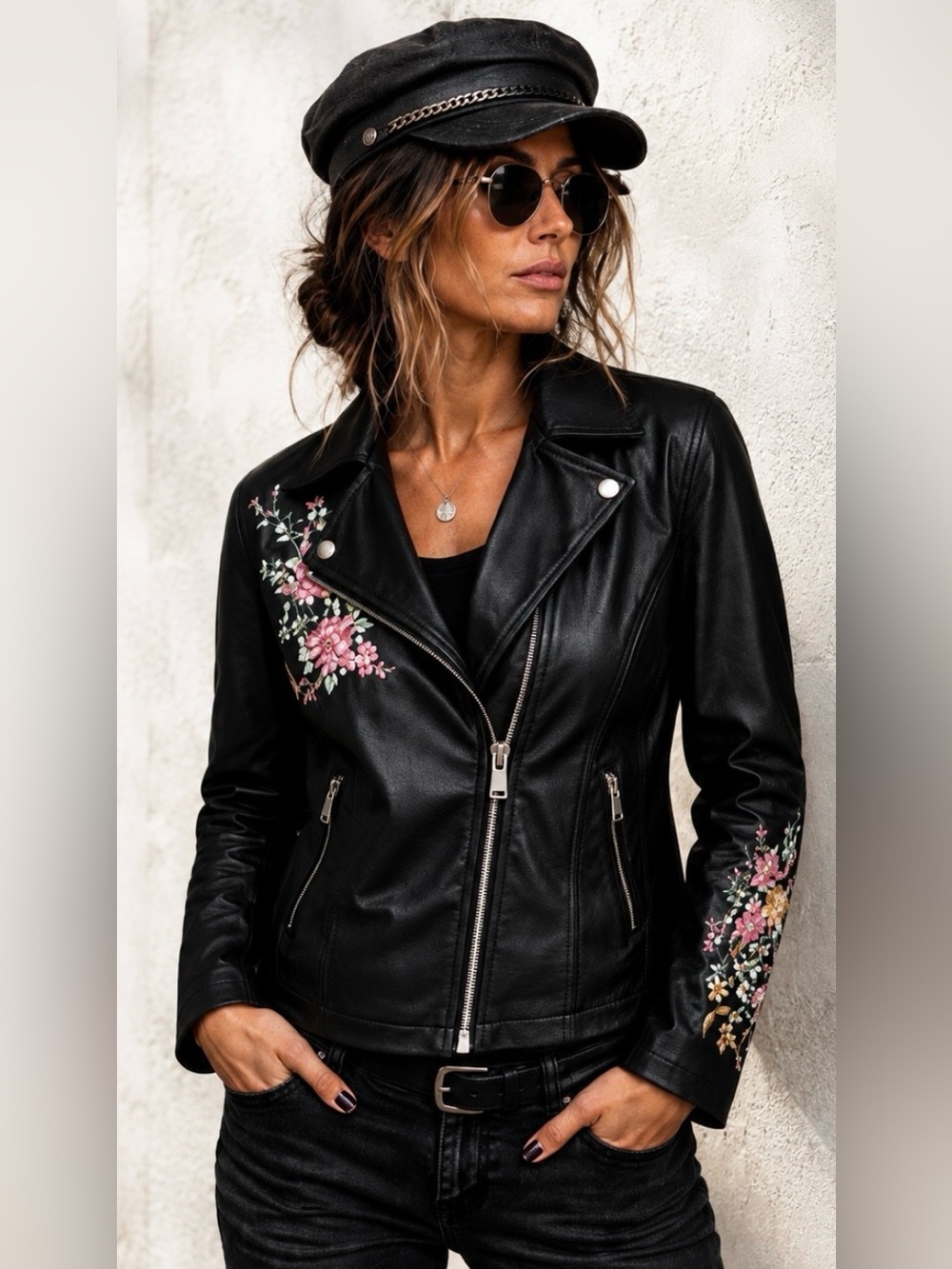 Philosophy Embroidered Floral Faux Leather Moto Jacket | Black Biker Jacket | Si